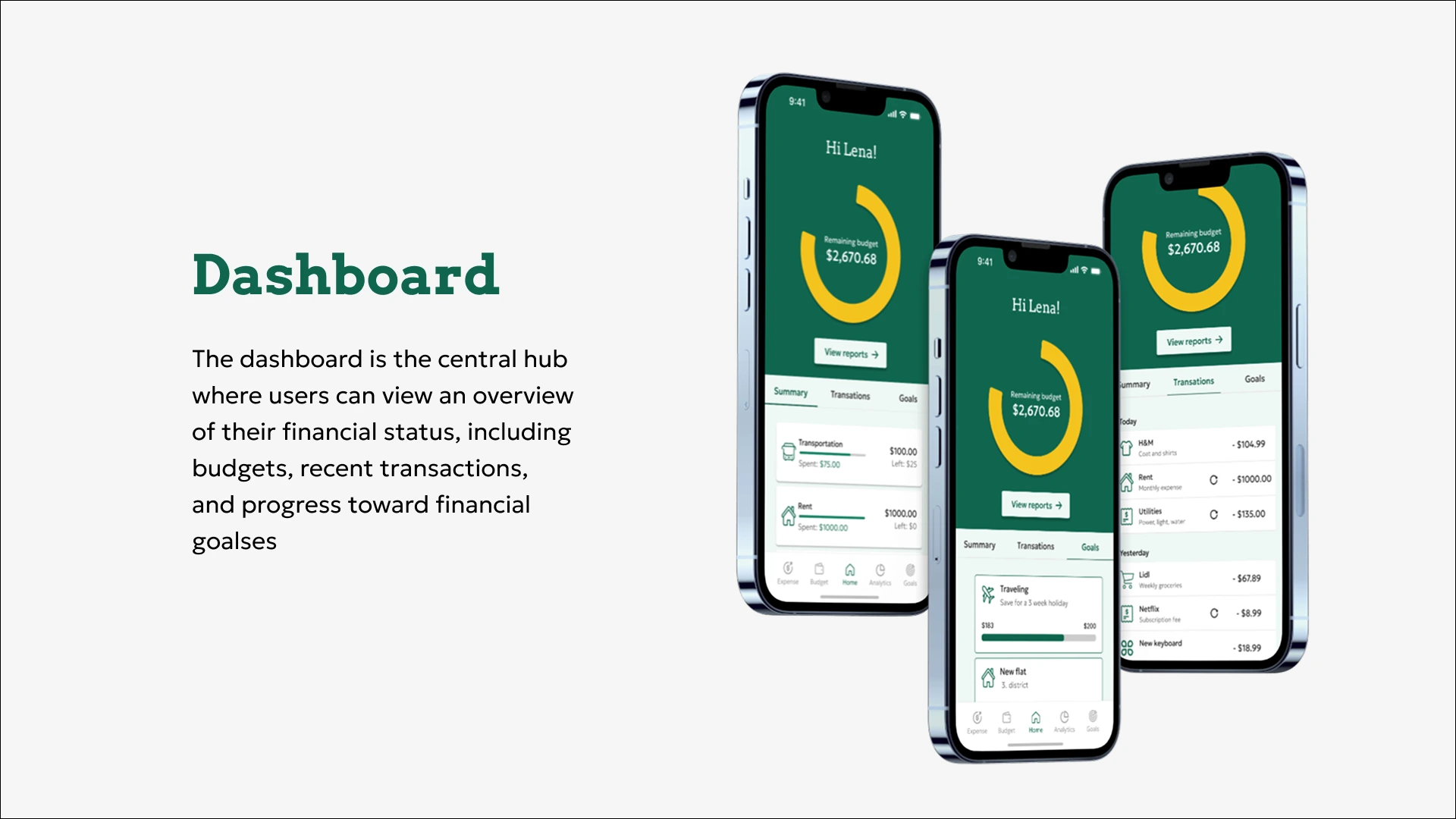 Mockup of MoneyMate dashboard