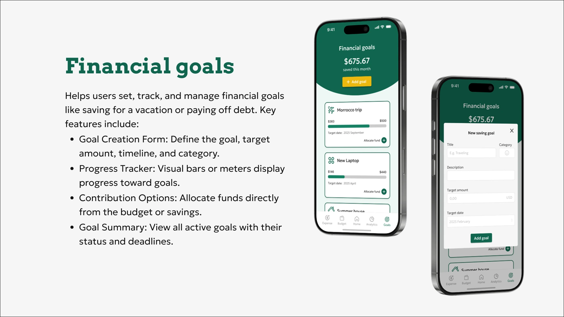 Mockup of MoneyMate financial goals feature