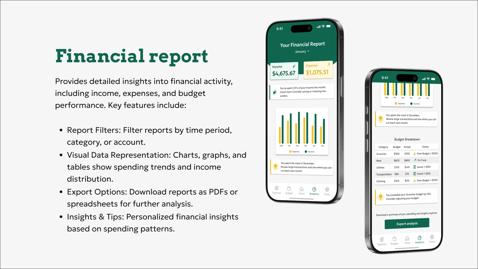 Mockup of MoneyMate financial reports feature
