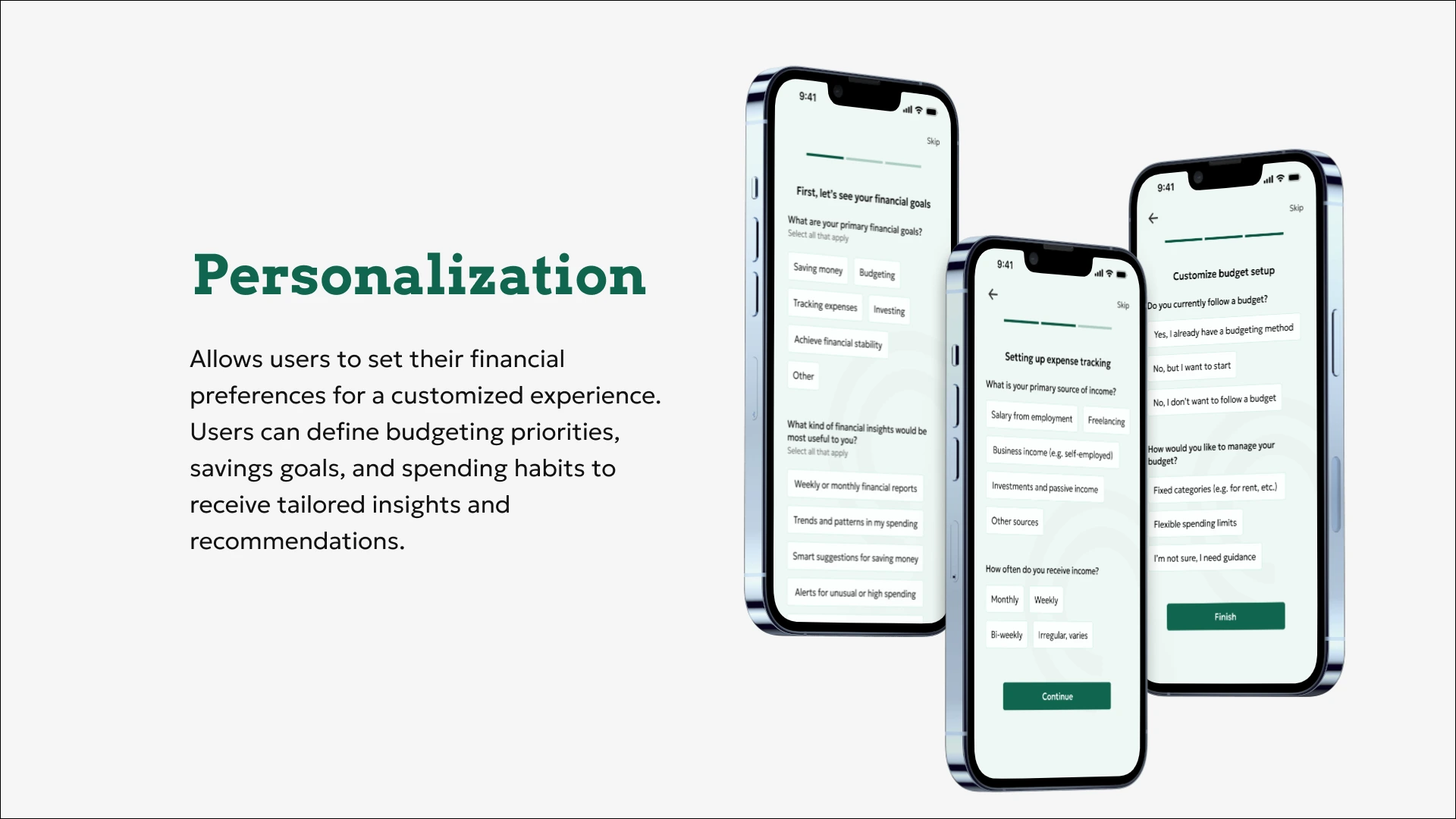 Mockup of MoneyMate personalization flow