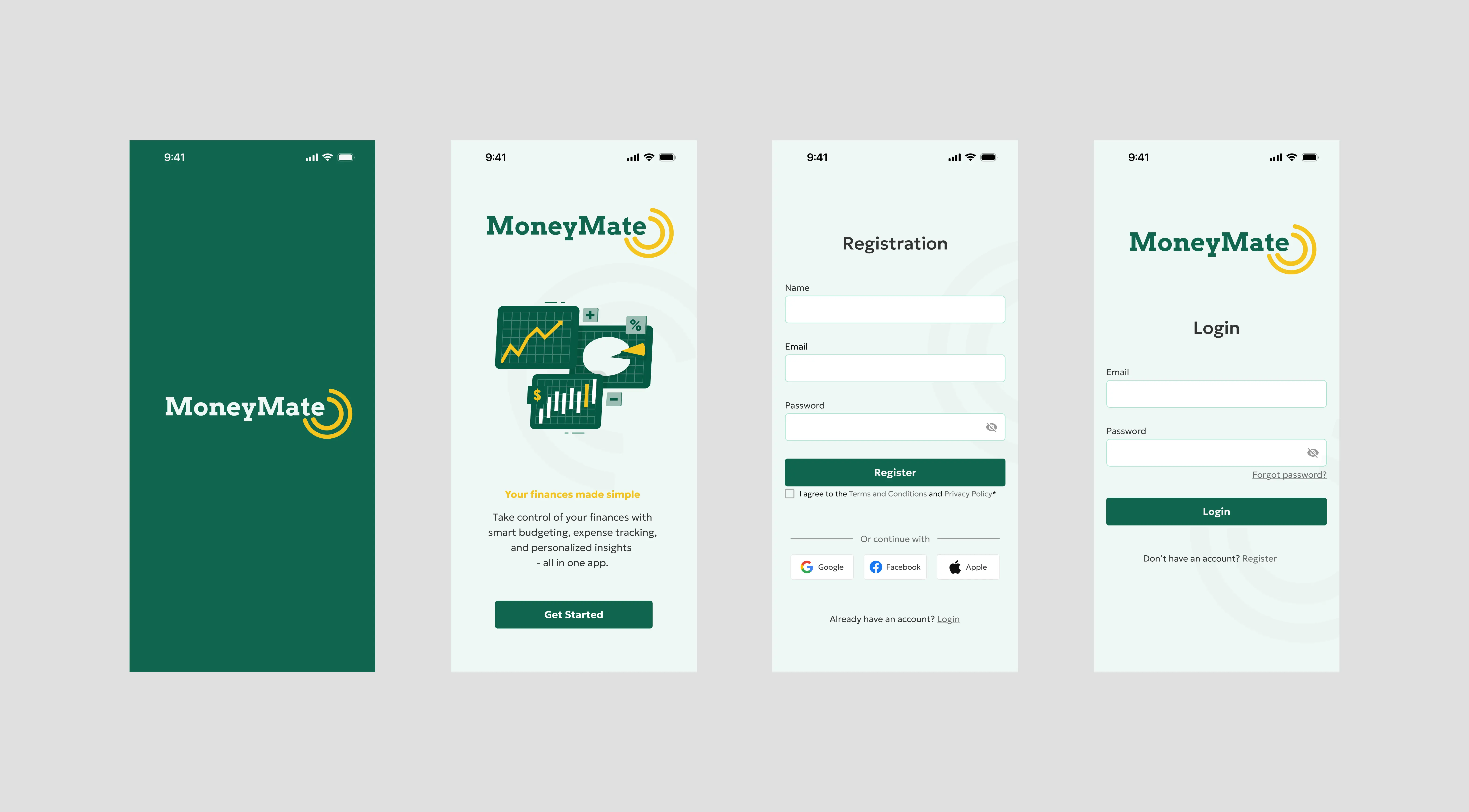 MoneyMate prototype of login, registration and landing page component library