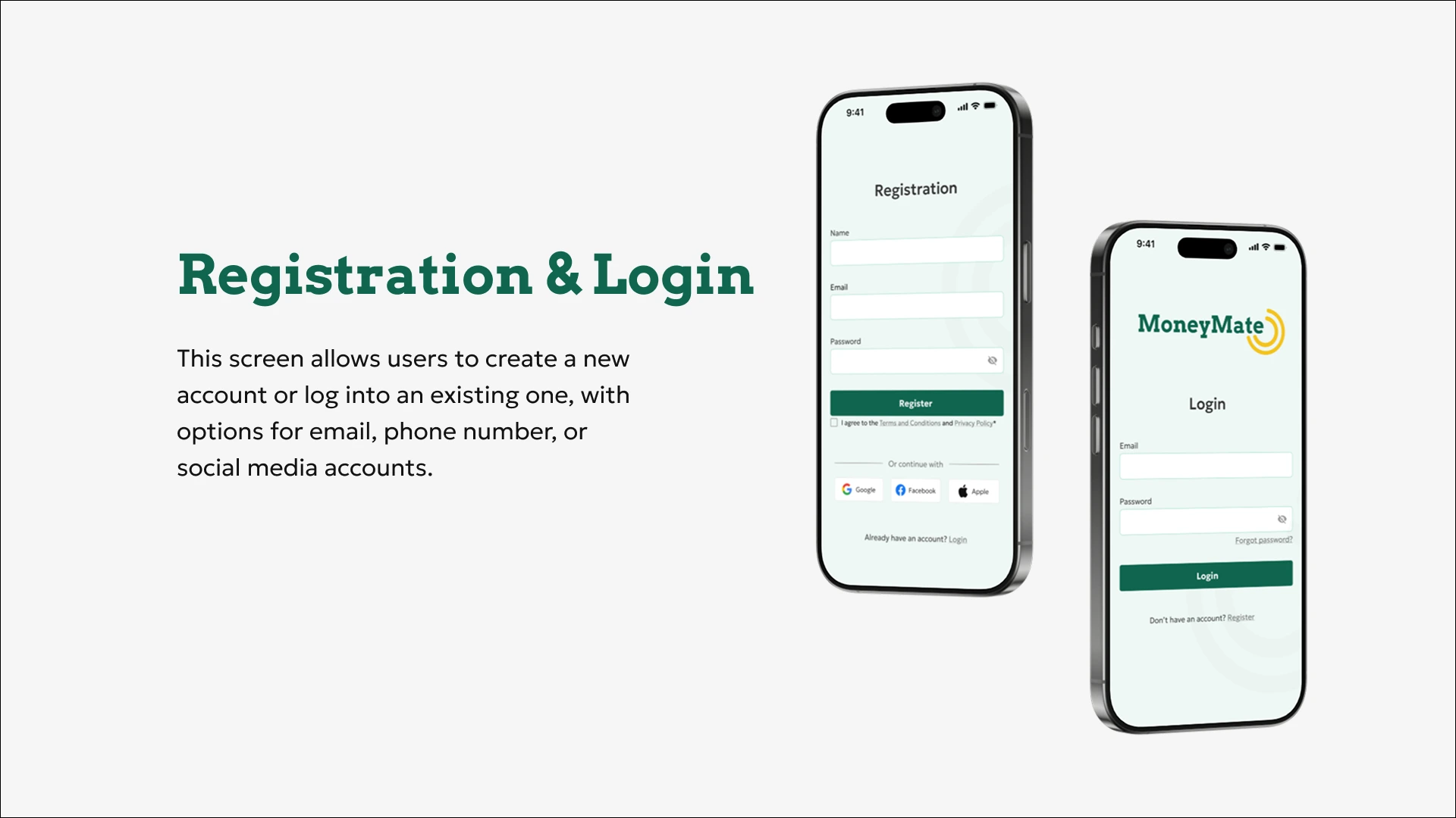 Mockup of MoneyMate registration and Login screens