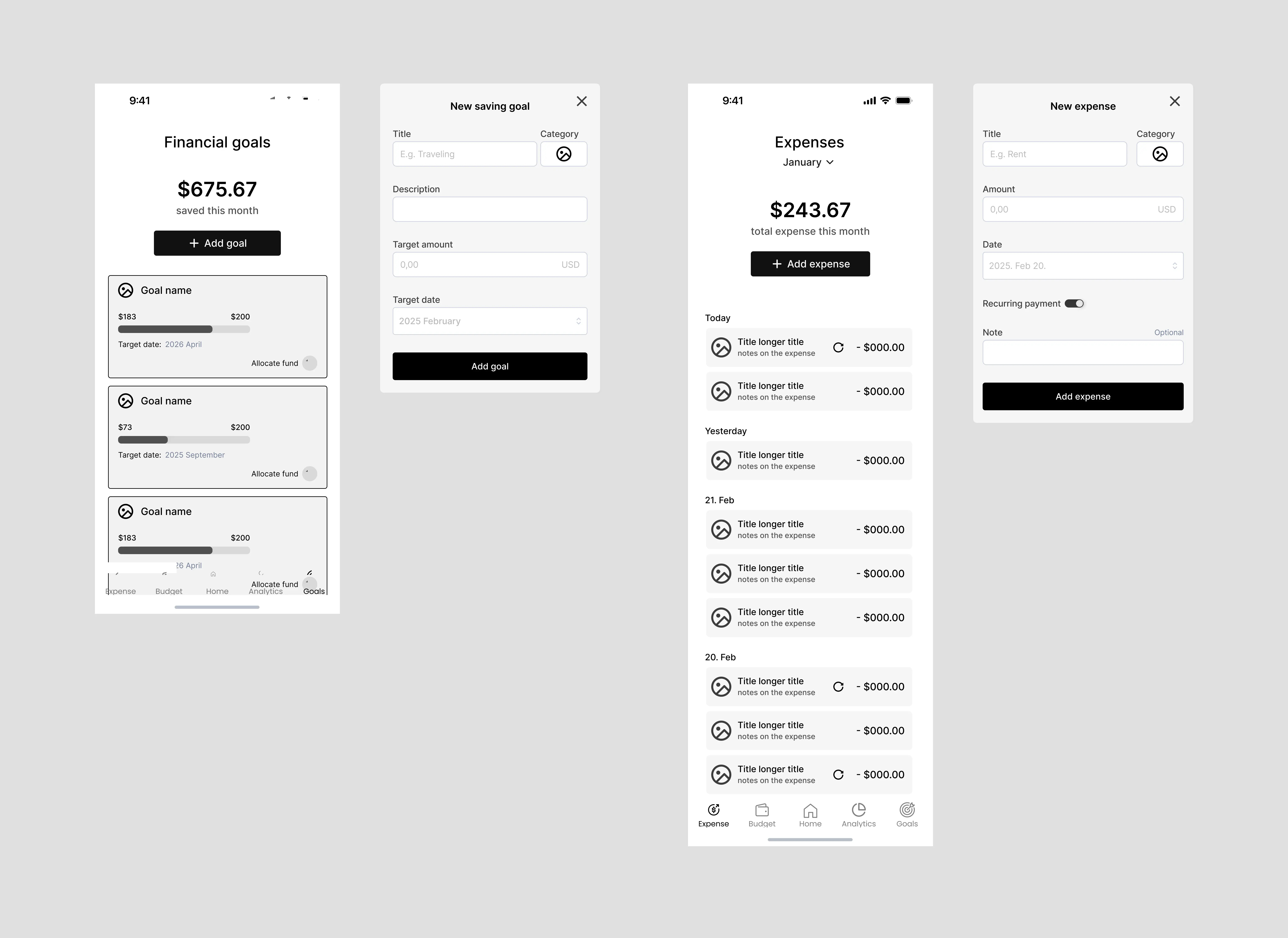 MoneyMate wireframe for financial goal screens